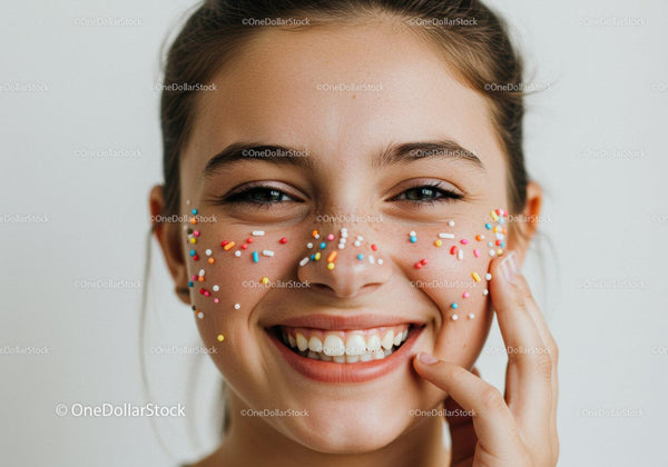 Young Girl Smiling with Face Covered in Colorful Sprinkles and Joyful Expression