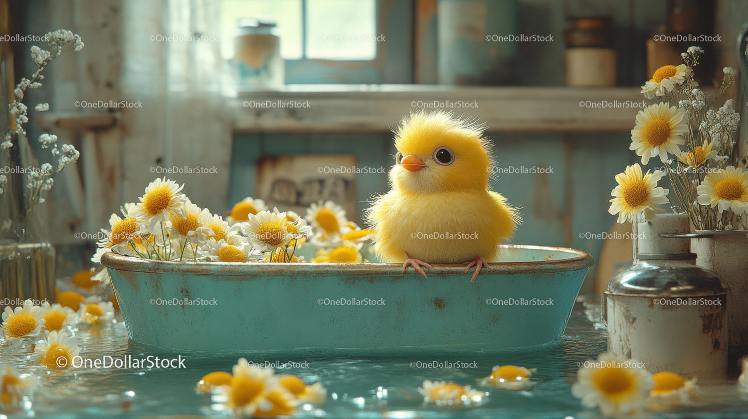 Cute Yellow Duckling Surrounded by Chamomile Flowers in Rustic Bathroom