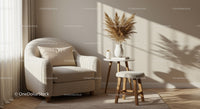 Cozy beige armchair corner with natural light and decor