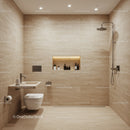 Modern Beige Tile Bathroom with Walk-in Shower and Built-in Shelf