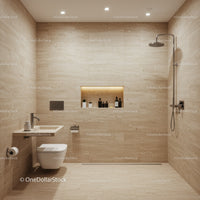 Modern Beige Tile Bathroom with Walk-in Shower and Built-in Shelf