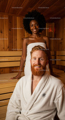 Happy Couple Enjoying Sauna in Cozy Wellness Center