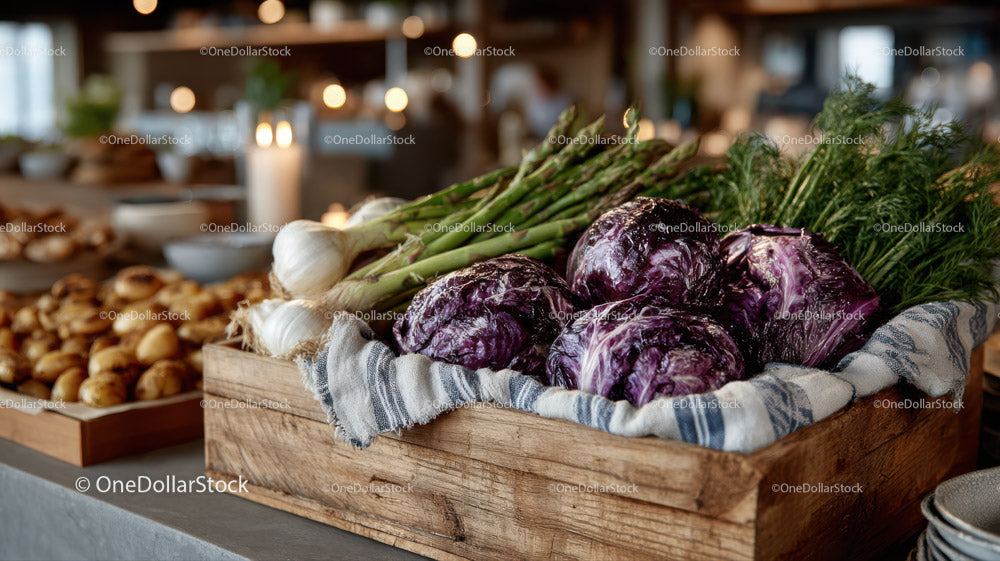 Fresh Purple Cabbages and Green Spring Onions in Wooden Crate