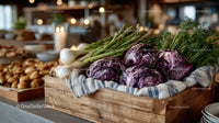 Fresh Purple Cabbages and Green Spring Onions in Wooden Crate