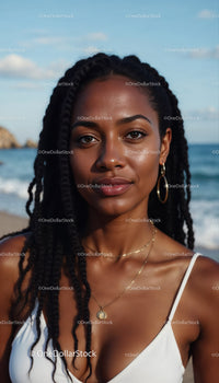 Stunning Young Black Woman Portrait on Beach with Ocean and Sky