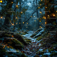 Mossy forest path illuminated by warm fairy lights