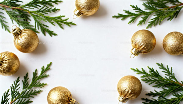 Golden Christmas Ornaments with Green Pine Branches
