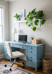 Modern Home Office with Blue Desk and Indoor Plants