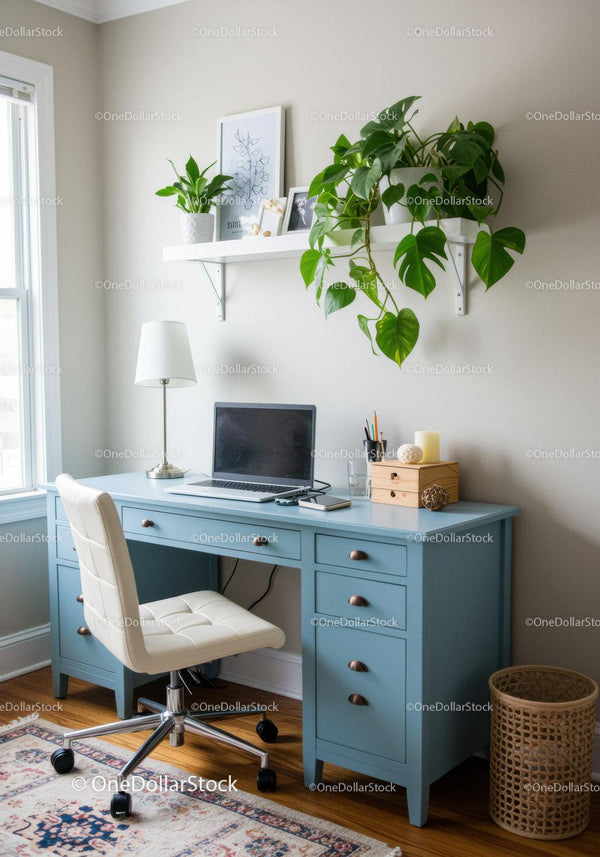 Modern Home Office with Blue Desk and Indoor Plants