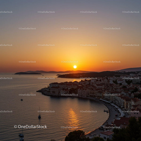 Beautiful Sunset Over Coastal Town and Calm Harbor Scene
