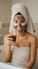 Young woman enjoying skincare and fizzy drink at home spa