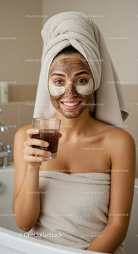 Young woman enjoying skincare and fizzy drink at home spa