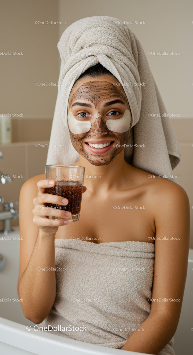 Young woman enjoying skincare and fizzy drink at home spa
