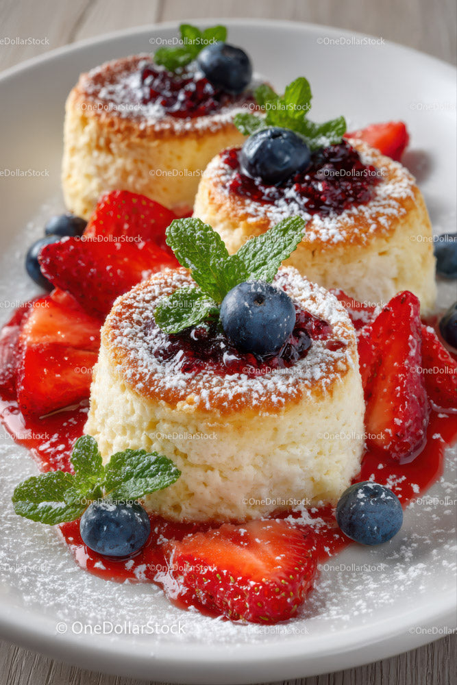 Banana Panna Cotta with Mixed Berries and Mint Garnish