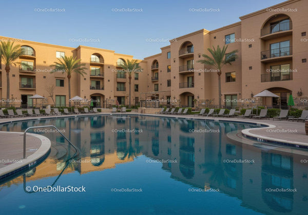 Elegant Resort with Swimming Pool Surrounded by Palm Trees and Modern Architecture