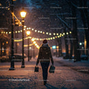 Woman Walking Through Snowy Street with Holiday Lights