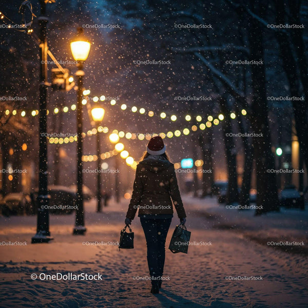 Woman Walking Through Snowy Street with Holiday Lights