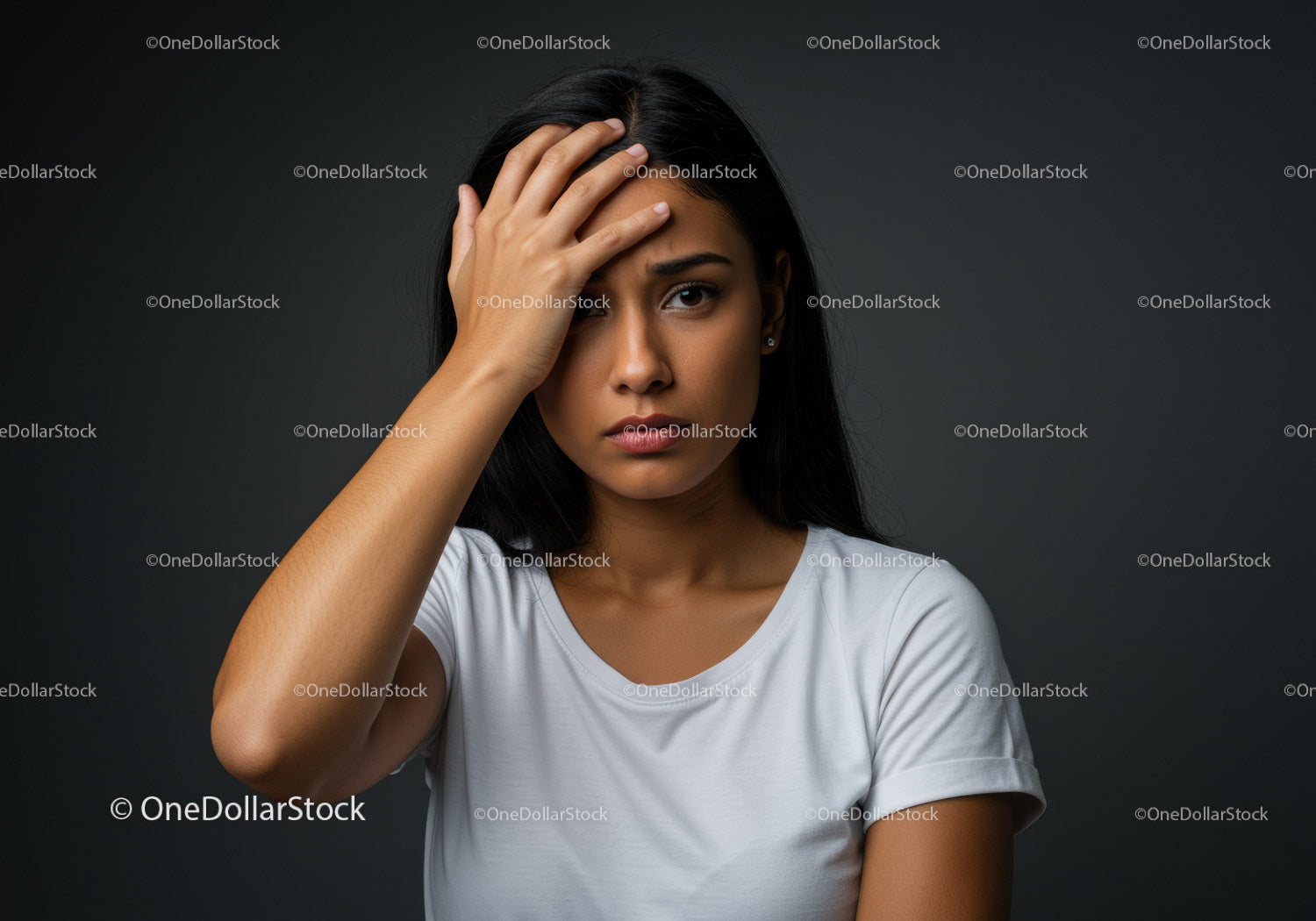 Young Woman Expressing Frustration and Stress Against Dark Background