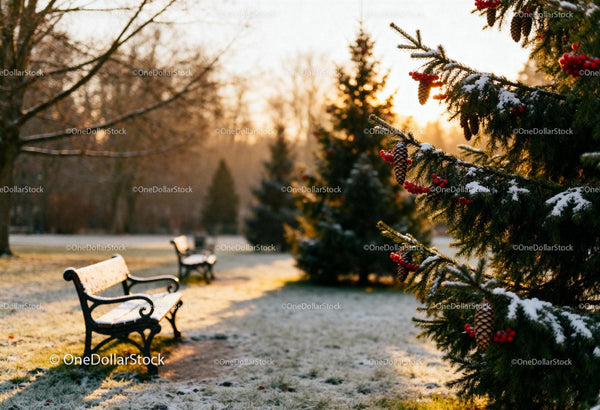 Snowy park benches near conifer trees at sunrise