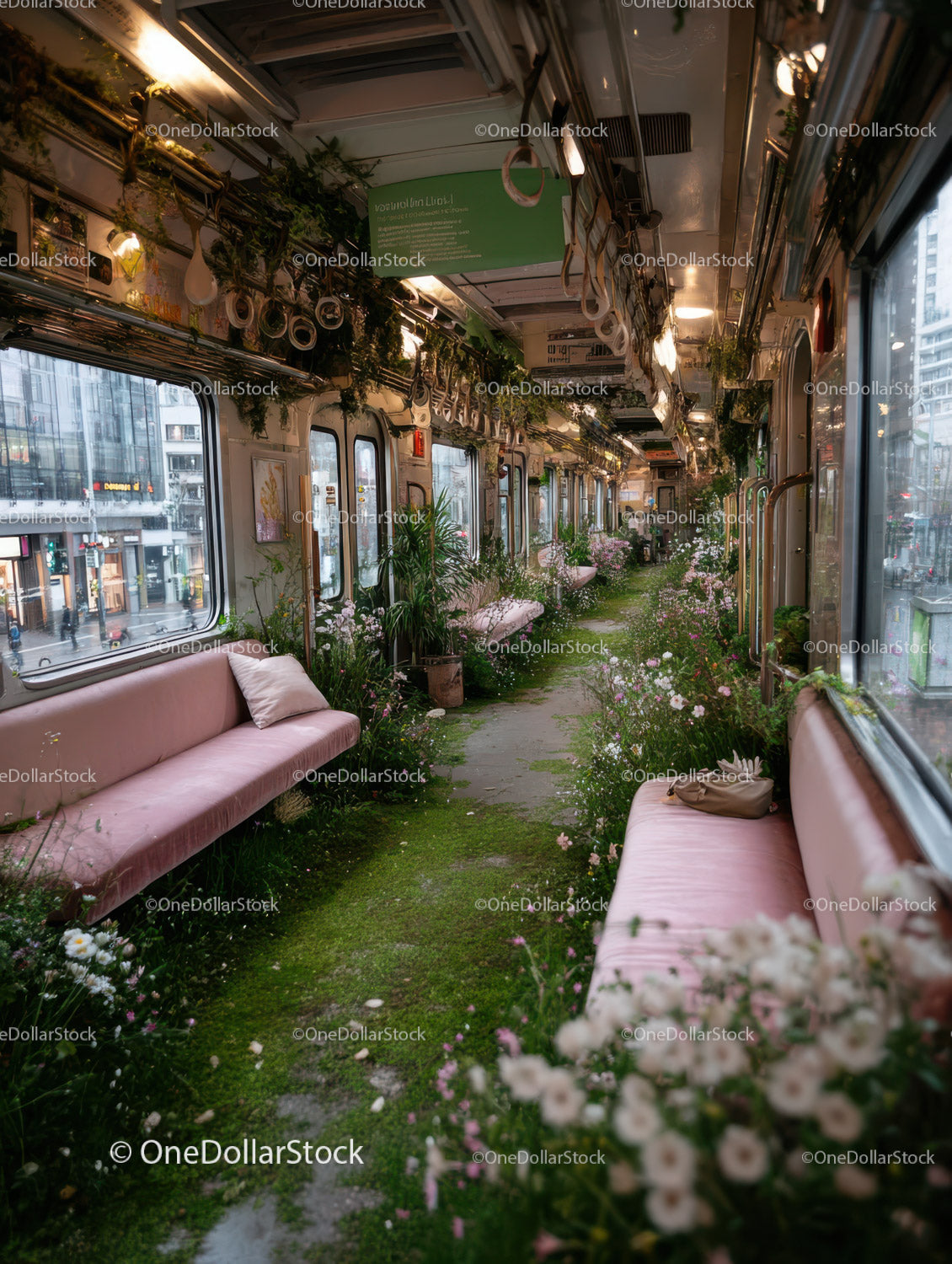 Lush Greenery Decorated Train with Pink Velvet Seating and Flowers