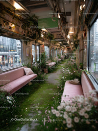 Lush Greenery Decorated Train with Pink Velvet Seating and Flowers
