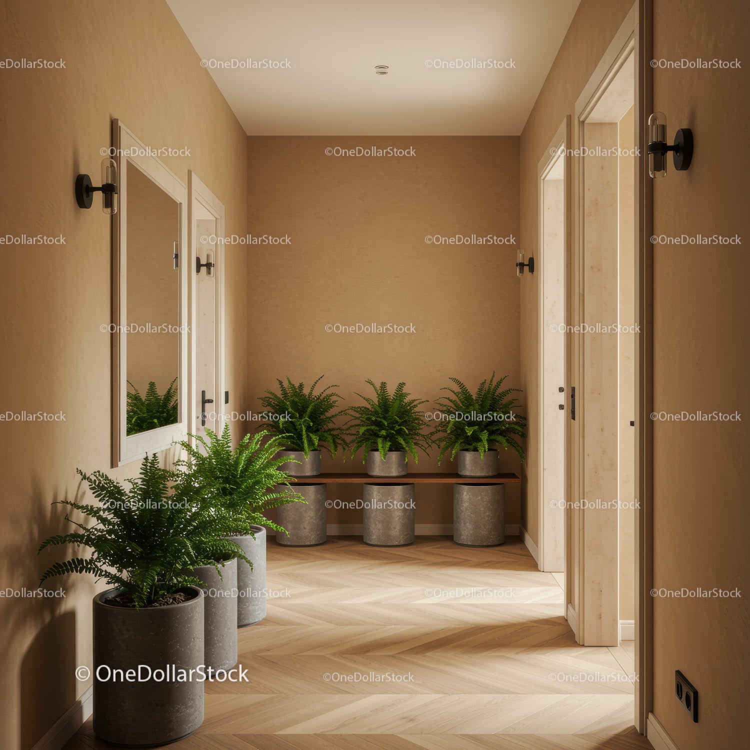 Modern Hallway with Green Ferns and Warm Wooden Flooring