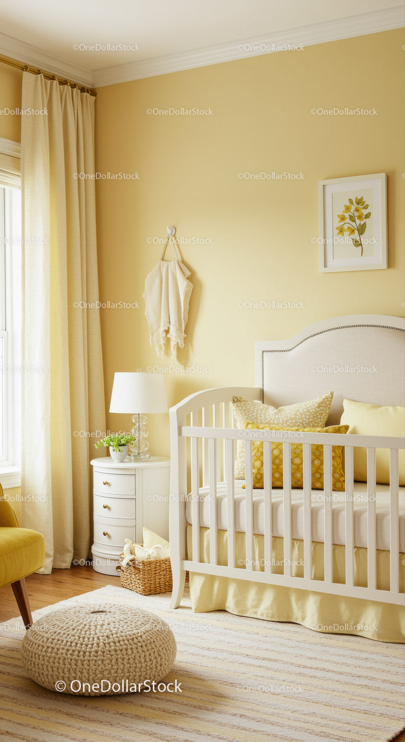 Bright Nursery with Baby Cradle and Yellow Decorative Elements