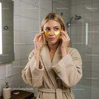 Woman Applying Gold Eye Patches for Beauty and Rejuvenation