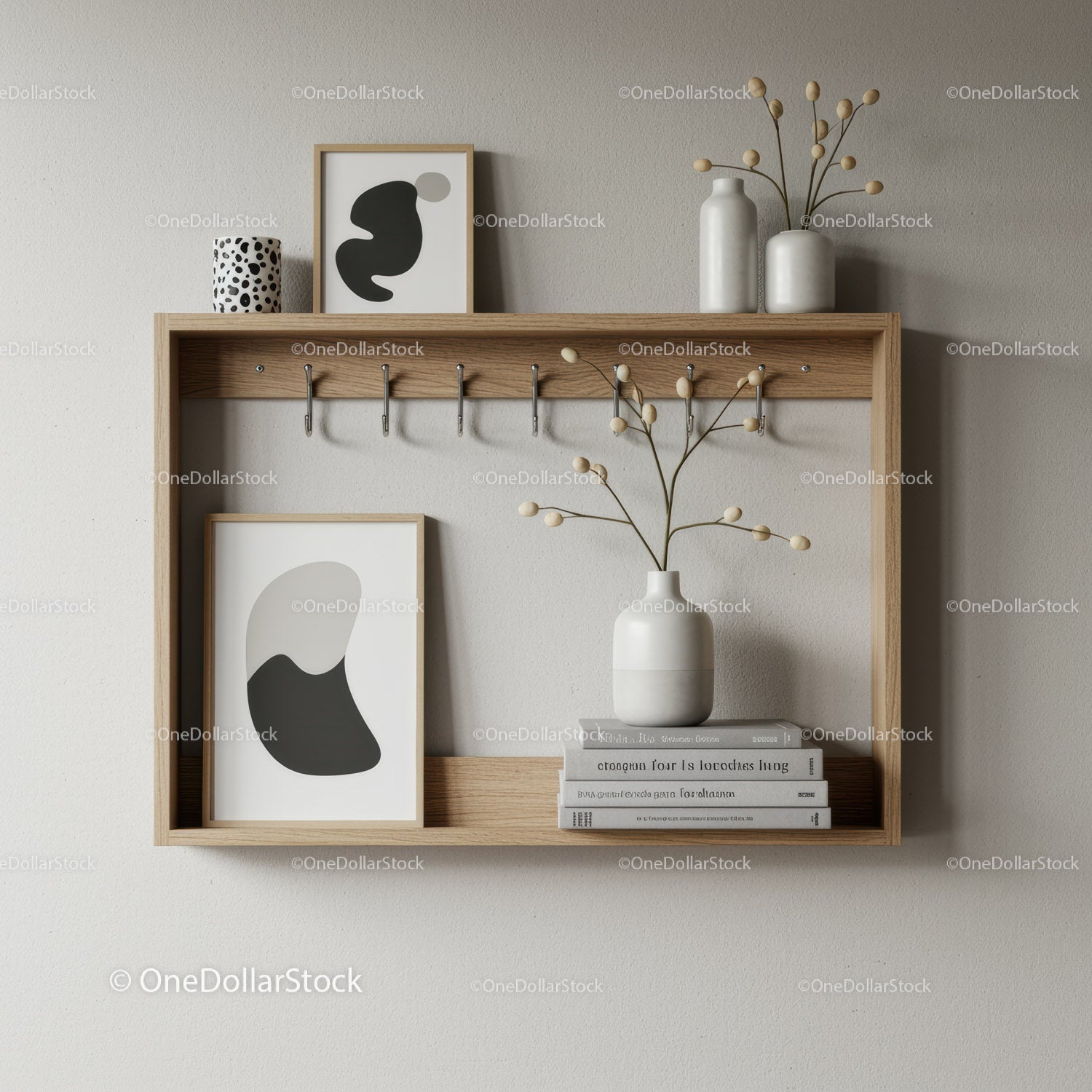 Wooden Wall Shelf with Abstract Art and Decorative Vases