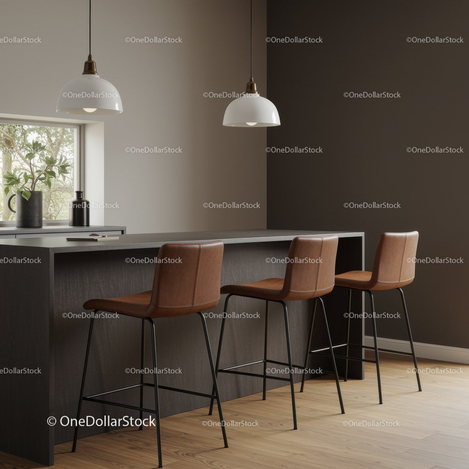Contemporary Kitchen with Brown Leather Bar Stools and Pendant Lighting