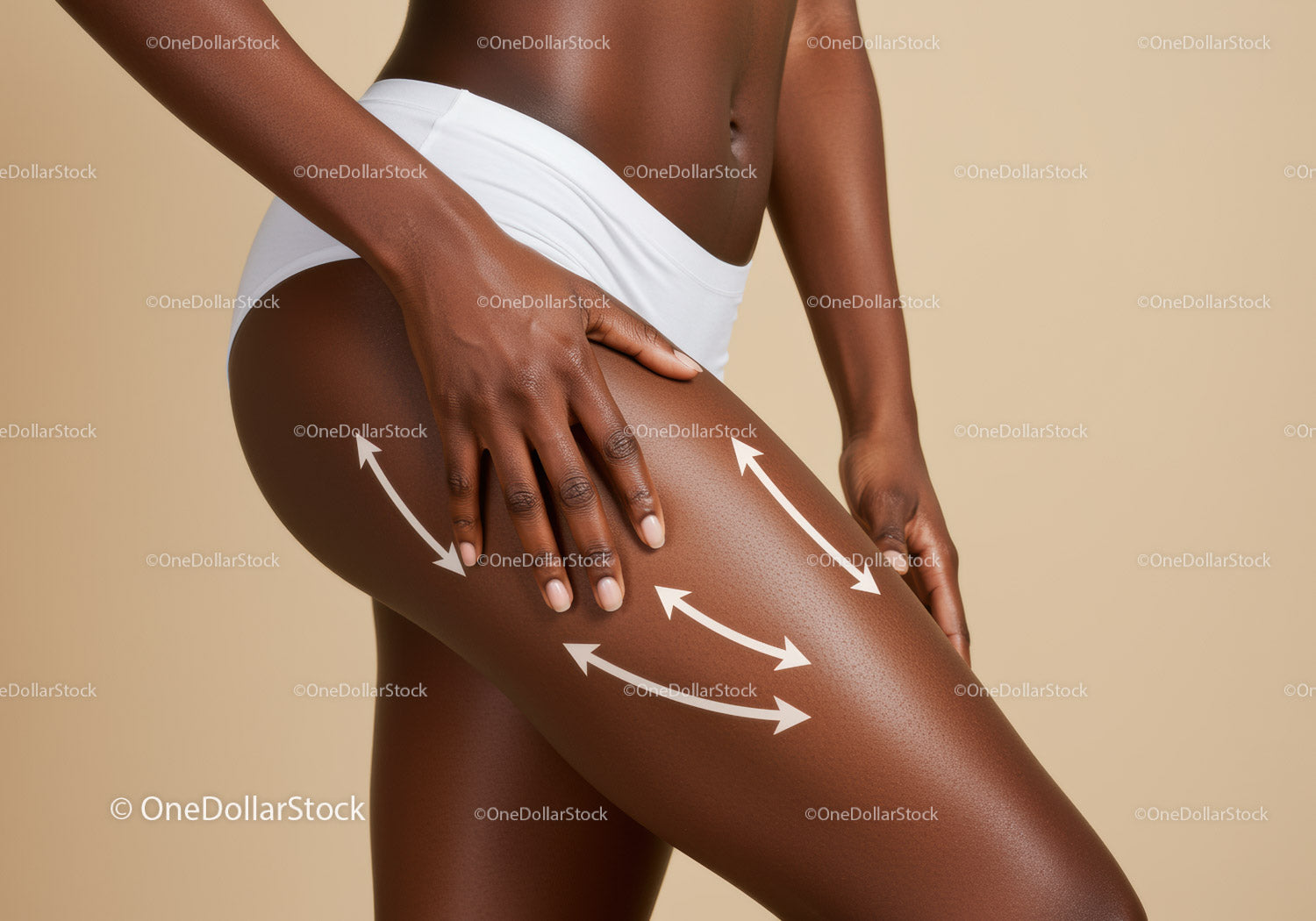 Woman's Thigh with Skin Care and Wellness Marks in Modern Studio