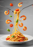 Spaghetti with shrimp cherry tomatoes and fresh basil
