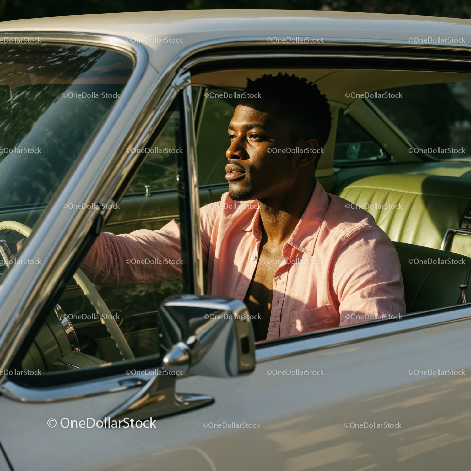 Stylish Young Man Sitting in Classic Car Under Sunlight