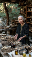 Elderly Woman at Herbal Market with Natural Remedies and Botanicals