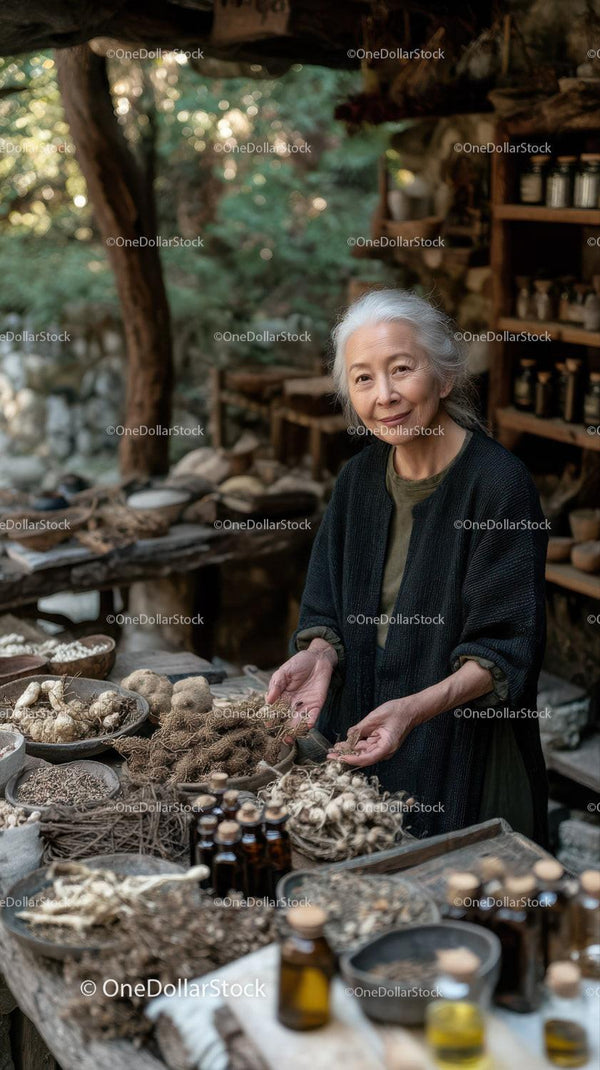 Elderly Woman at Herbal Market with Natural Remedies and Botanicals