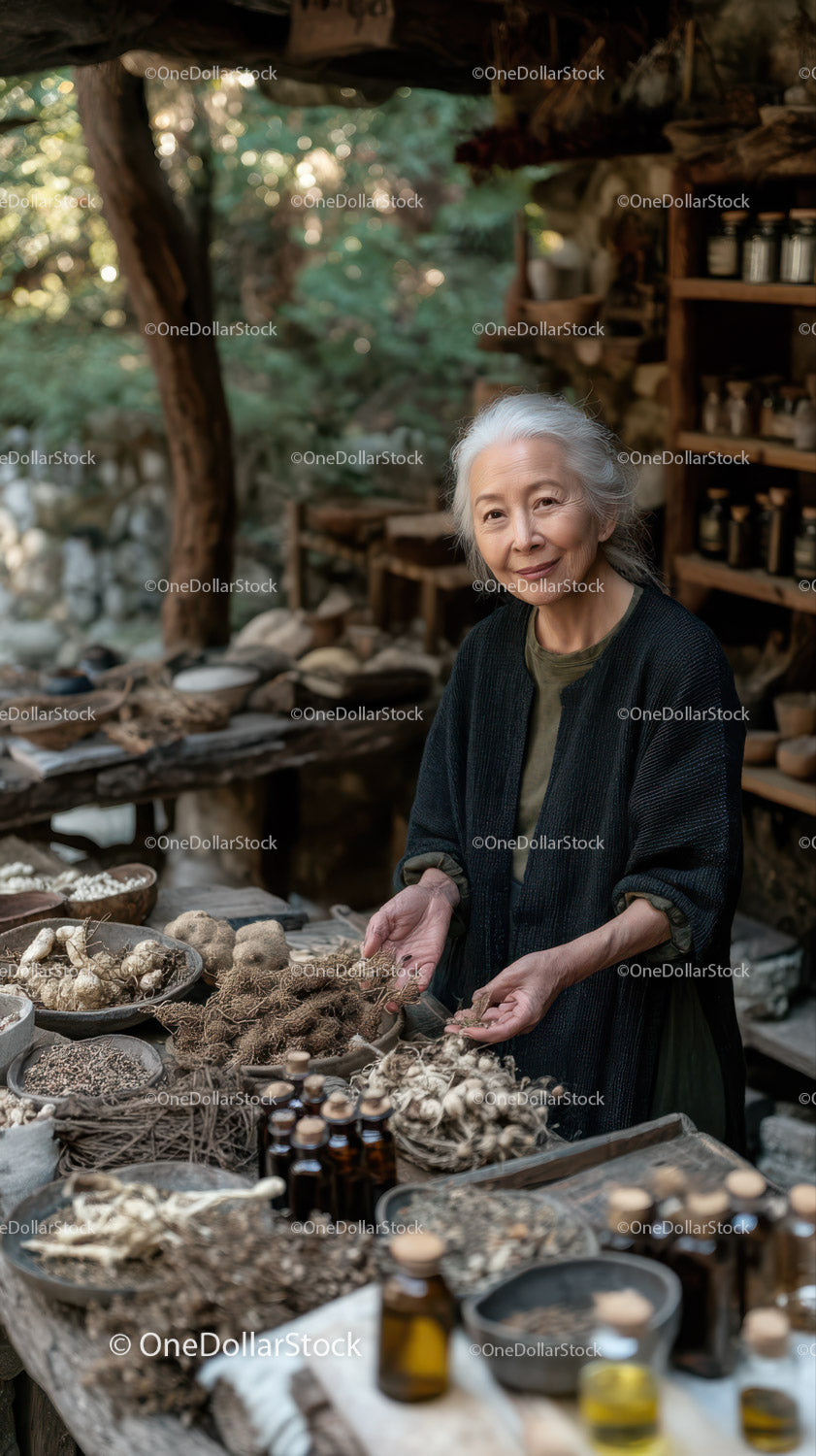 Elderly Woman at Herbal Market with Natural Remedies and Botanicals