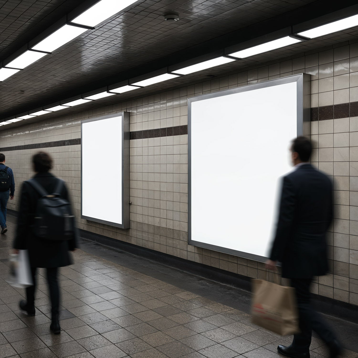 Commuters walking past illuminated blank posters in subway