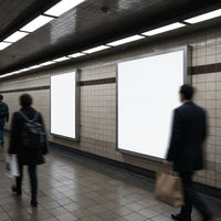 Commuters walking past illuminated blank posters in subway