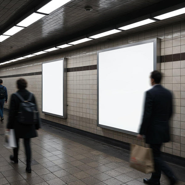 Commuters walking past illuminated blank posters in subway JPG Mockup Image