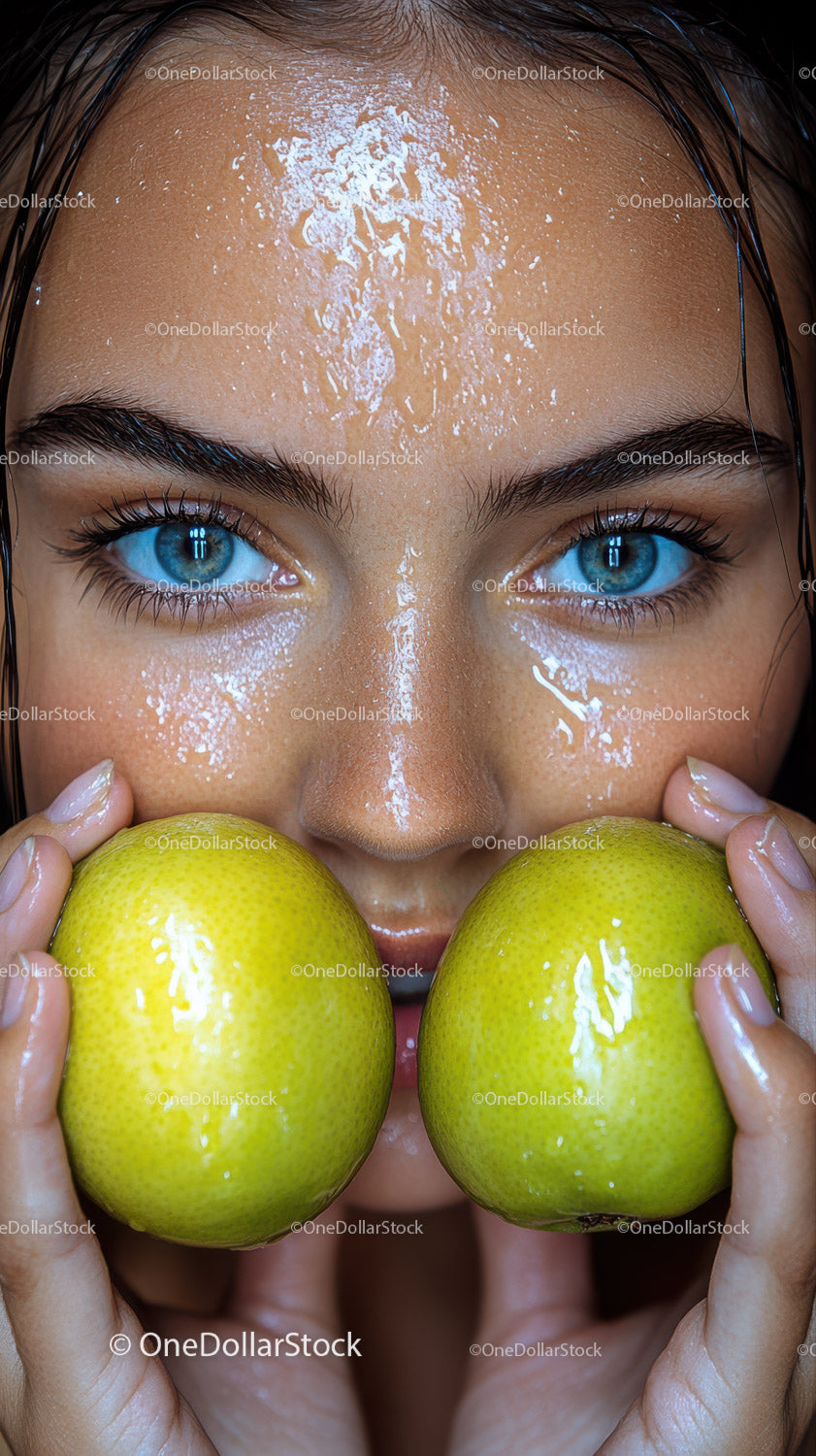 Bright Blue-Eyed Woman Holding Green Apples with Wet Hair