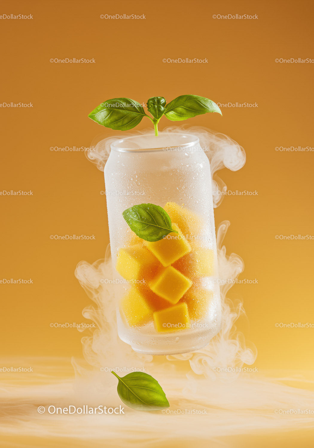 Mrożone kostki mango ze świeżymi liśćmi bazylii w puszce z lodem