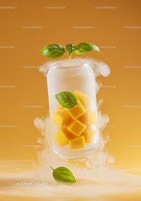 Frozen mango cubes with fresh basil leaves in icy can