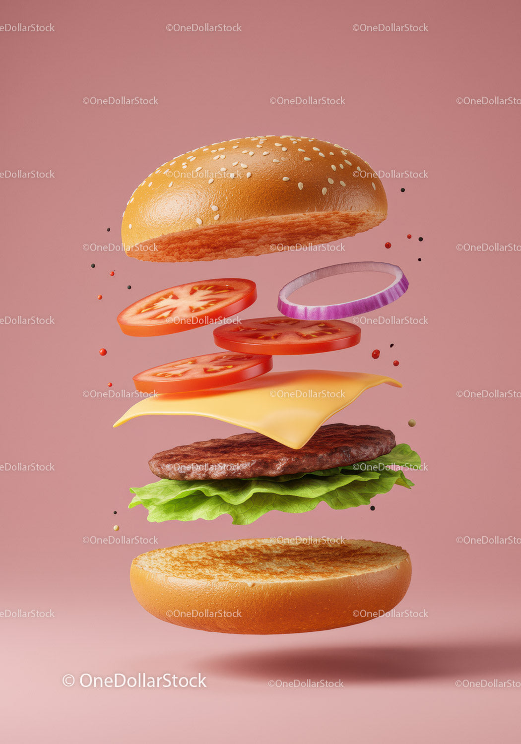 Deconstructed Cheeseburger Floating Against Pink Background