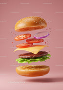 Deconstructed Cheeseburger Floating Against Pink Background