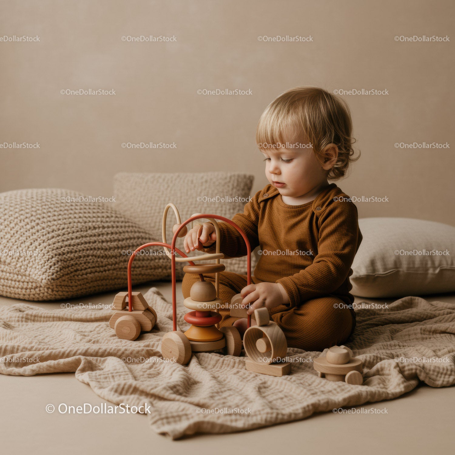 Toddler Playing with Wooden Toys in Warm Neutral Room