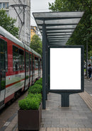 Modern tram station with empty advertising panel in urban setting