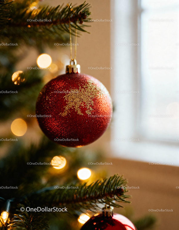 Red Christmas ornament with gold glitter on tree