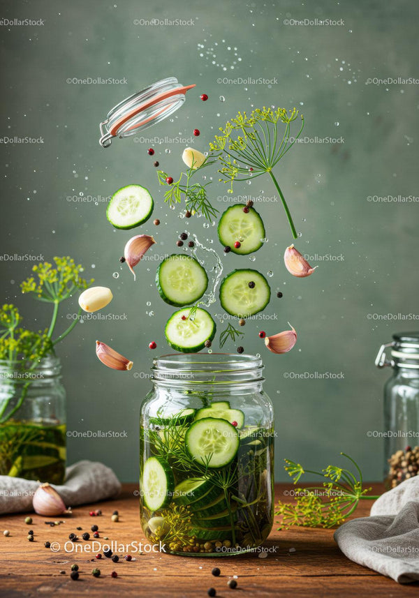 Fresh cucumber slices and herbs in glass jar