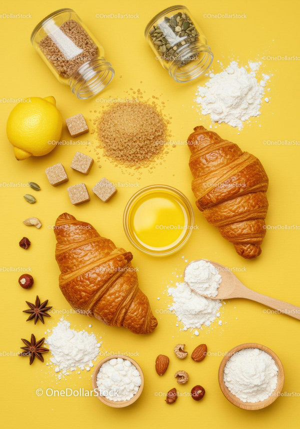 Fresh croissants with baking ingredients on yellow background