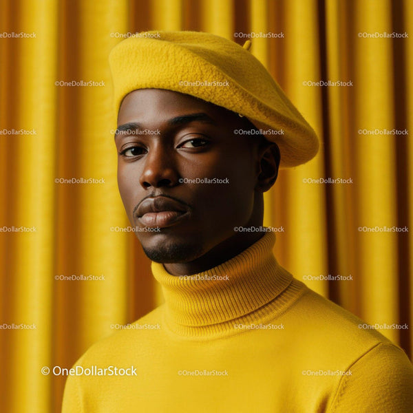 Stylish man in yellow beret and turtleneck sweater